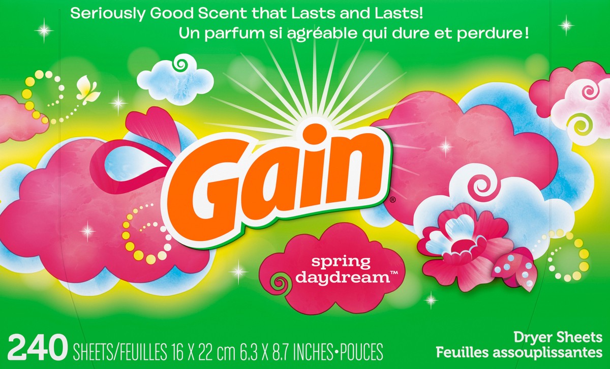 slide 3 of 6, Gain Dryer Sheets, 240 Sheets, Spring Daydream Laundry Fabric Softener Sheets with Light, Long Lasting Scent, 240 ct