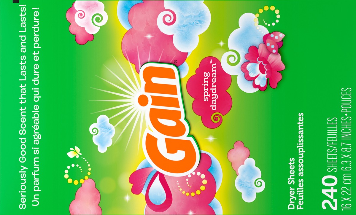 slide 4 of 6, Gain Dryer Sheets, 240 Sheets, Spring Daydream Laundry Fabric Softener Sheets with Light, Long Lasting Scent, 240 ct
