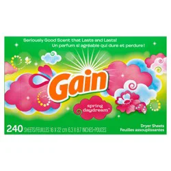 Gain Dryer Sheets, 240 Sheets, Spring Daydream Laundry Fabric Softener Sheets with Light, Long Lasting Scent
