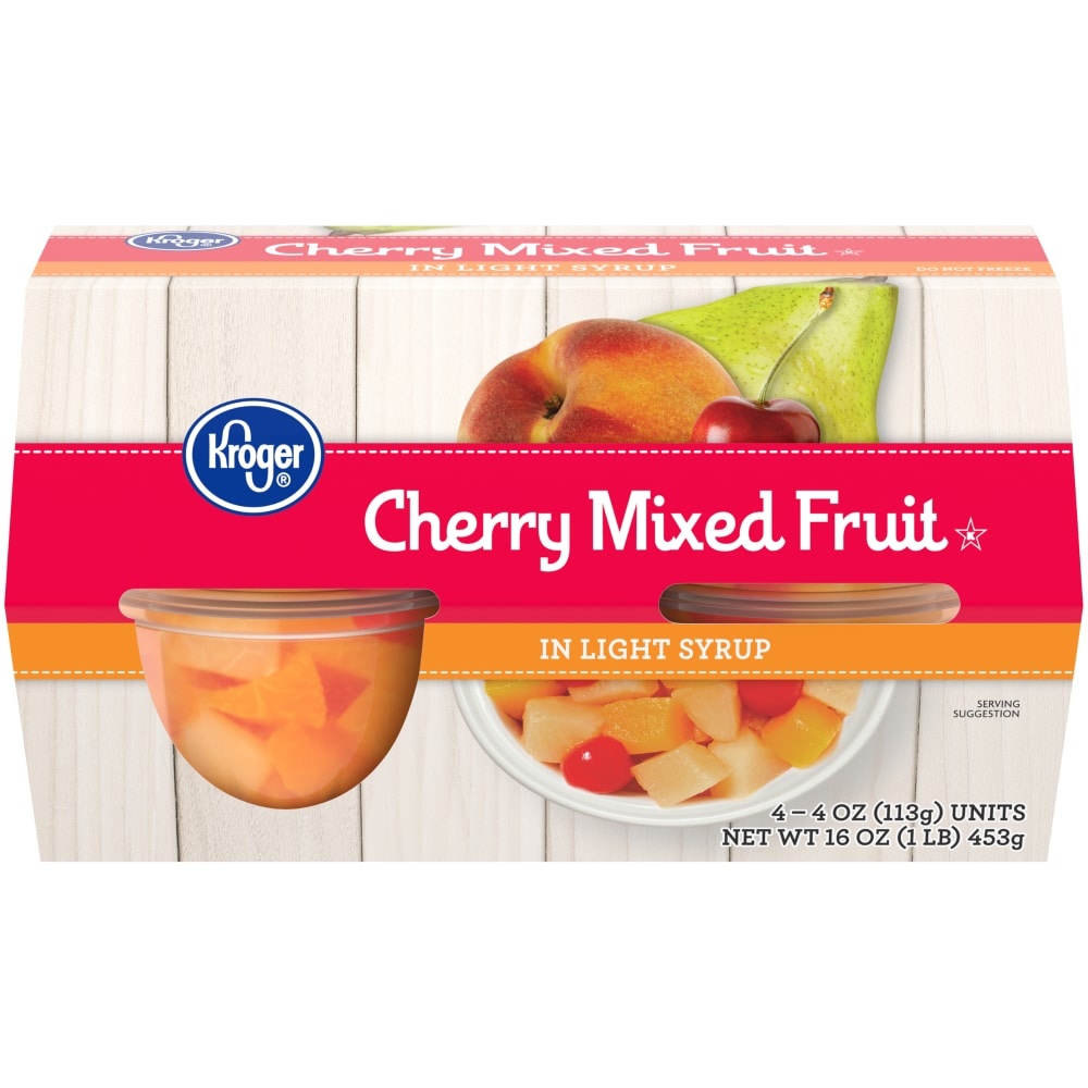 slide 1 of 1, Kroger Fruit Snack Bowls - Cherry Mixed Fruit In Light Syrup, 4 ct; 4 oz
