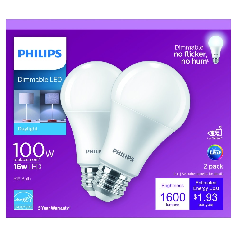 slide 1 of 1, Philips 16Watt100Watt A19 Led Light Bulbs Daylight, 2 ct