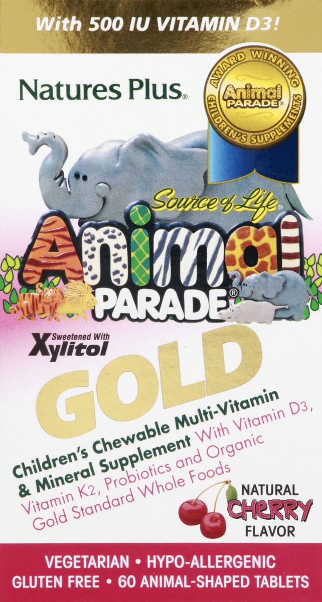 slide 1 of 9, Nature's Plus Animal Parade Gold Children's Animal-Shaped Tablets Natural Cherry Flavor Chewable Multivitamin & Mineral Supplement 60 ea, 60 ct