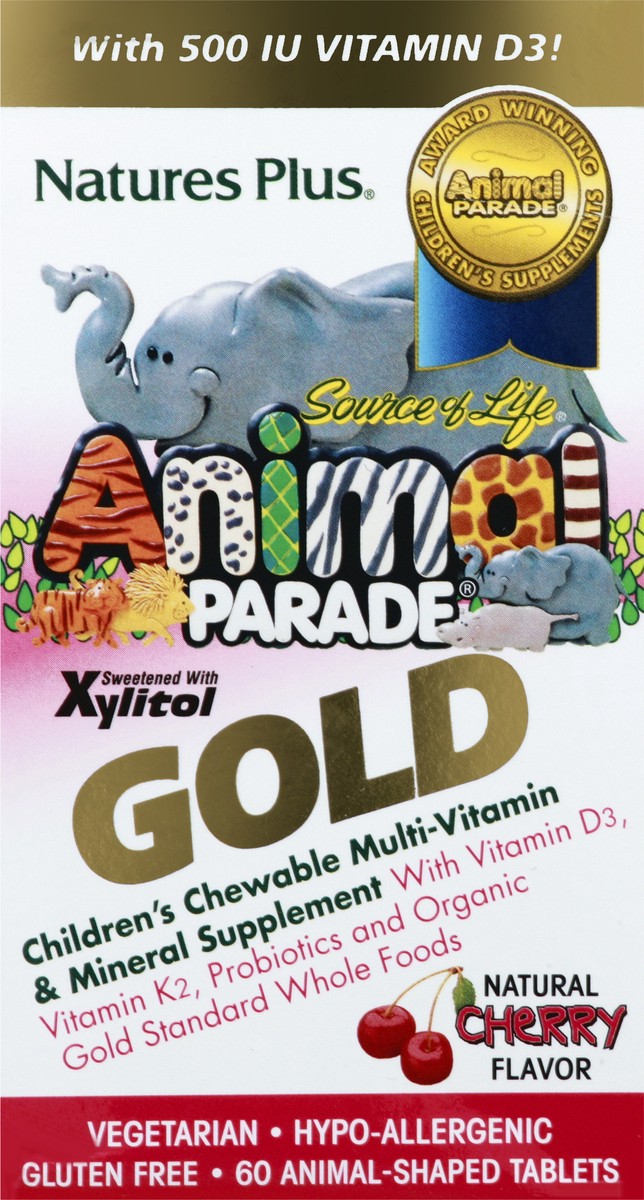 slide 2 of 9, Nature's Plus Animal Parade Gold Children's Animal-Shaped Tablets Natural Cherry Flavor Chewable Multivitamin & Mineral Supplement 60 ea, 60 ct