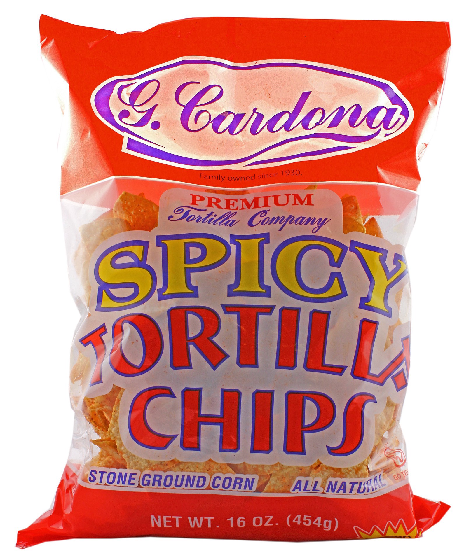 slide 1 of 1, G. Cardona Premium All Natural Spicy Tortilla Chips, 16 oz