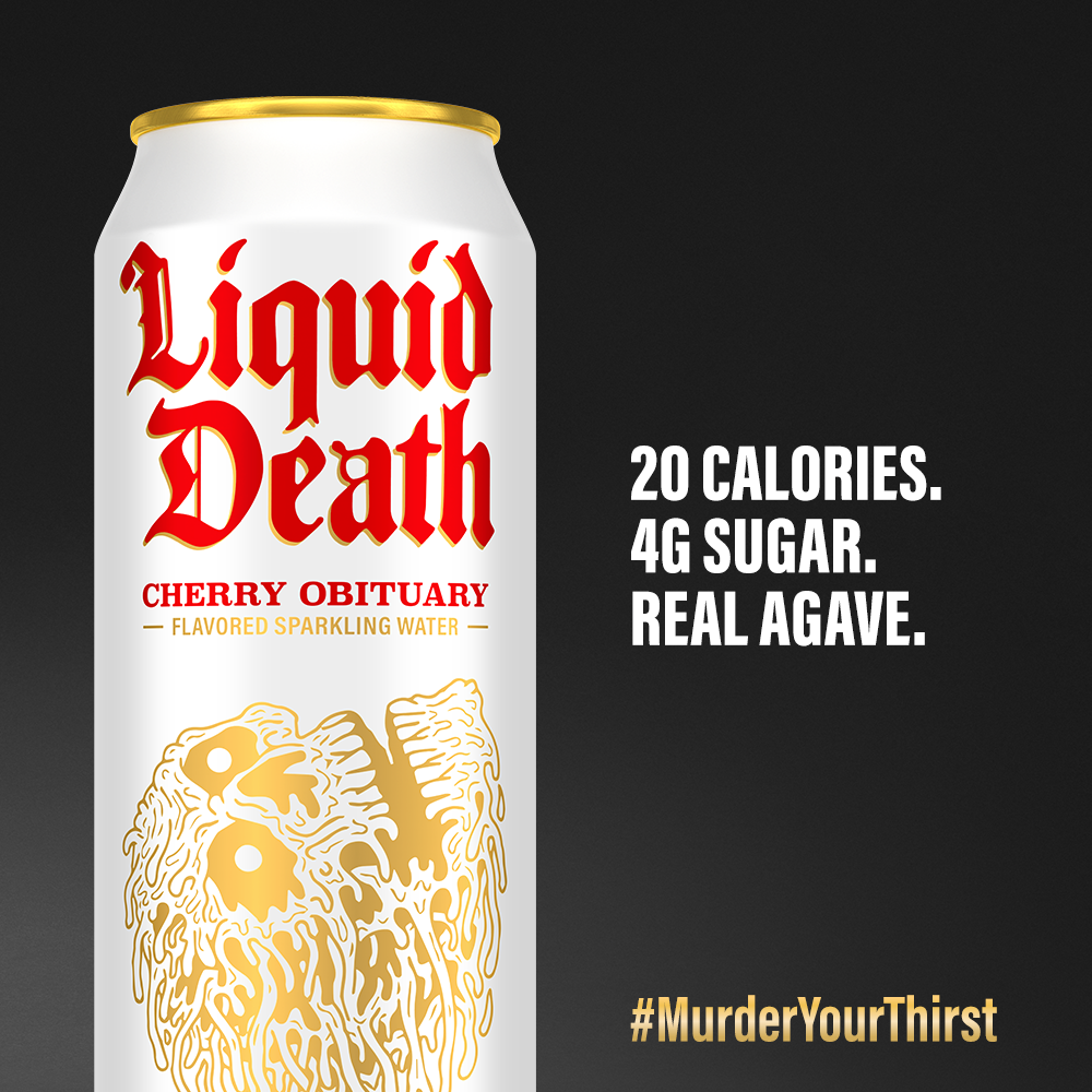 slide 2 of 2, Liquid Death, Cherry Obituary, Cherry-Flavored Sparkling Water, 19.2 fl oz