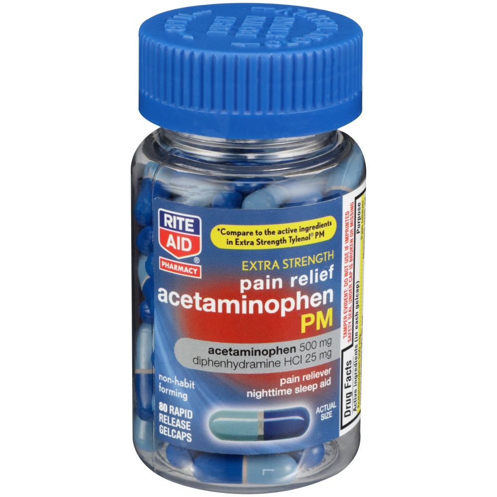 slide 1 of 3, Rite Aid Extra Strength PM Pain Relief Gelcaps, 500mg Acetaminophen / 25mg Diphenhydramine, 80 ct