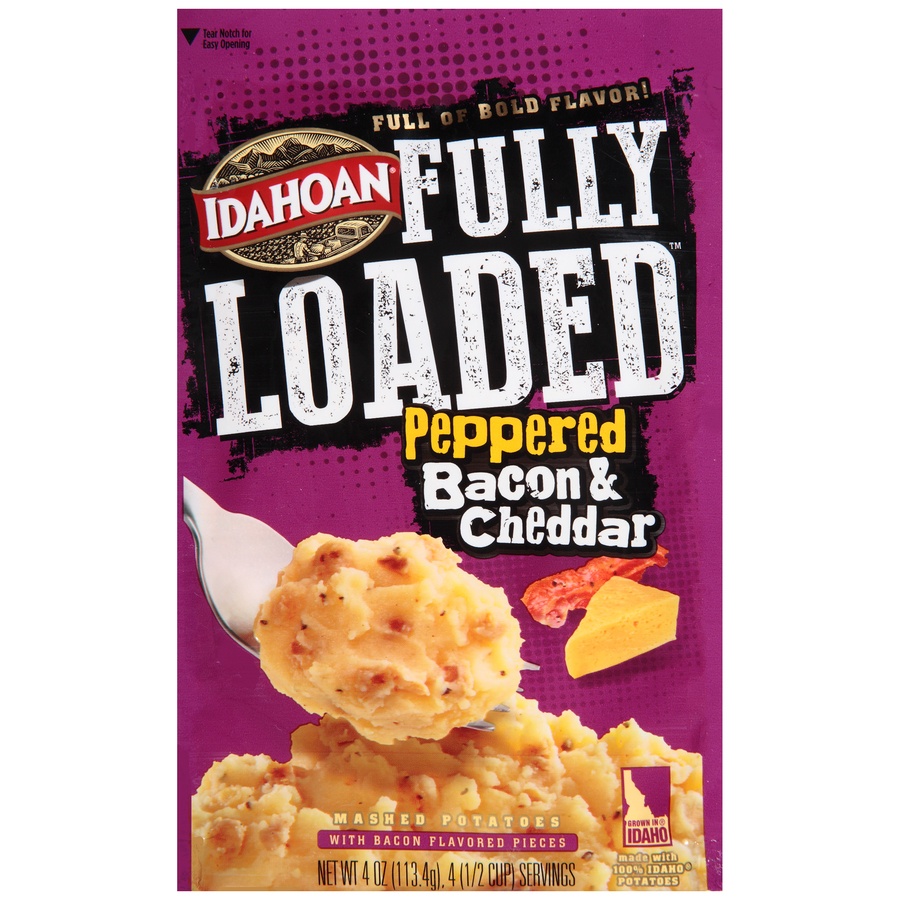 slide 1 of 6, Idahoan Fully Loaded Peppered Bacon & Cheddar Mashed Potatoes, 4 oz