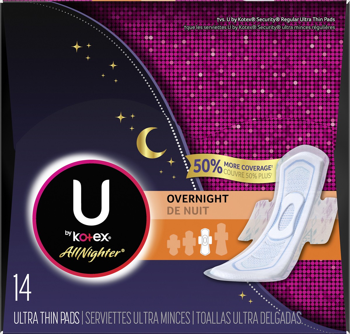 slide 5 of 9, U by Kotex Kotex Night U All Nighter Pads Ultra Thin 14Ct, 14 ct