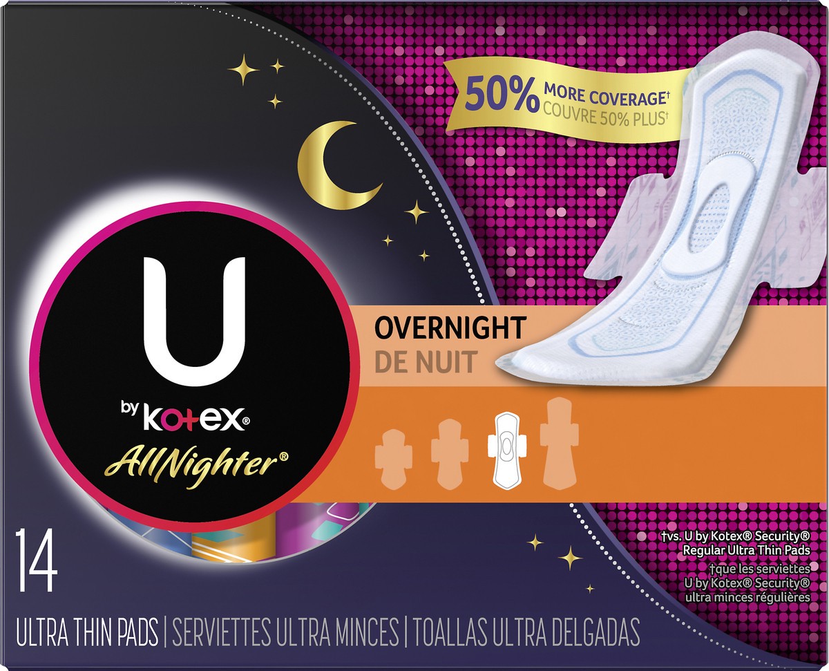 slide 7 of 9, U by Kotex Kotex Night U All Nighter Pads Ultra Thin 14Ct, 14 ct