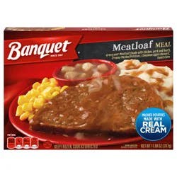 Banquet Meatloaf with Mashed Potatoes and Cinnamon Apple Dessert, Frozen Meal, 11.88 oz.