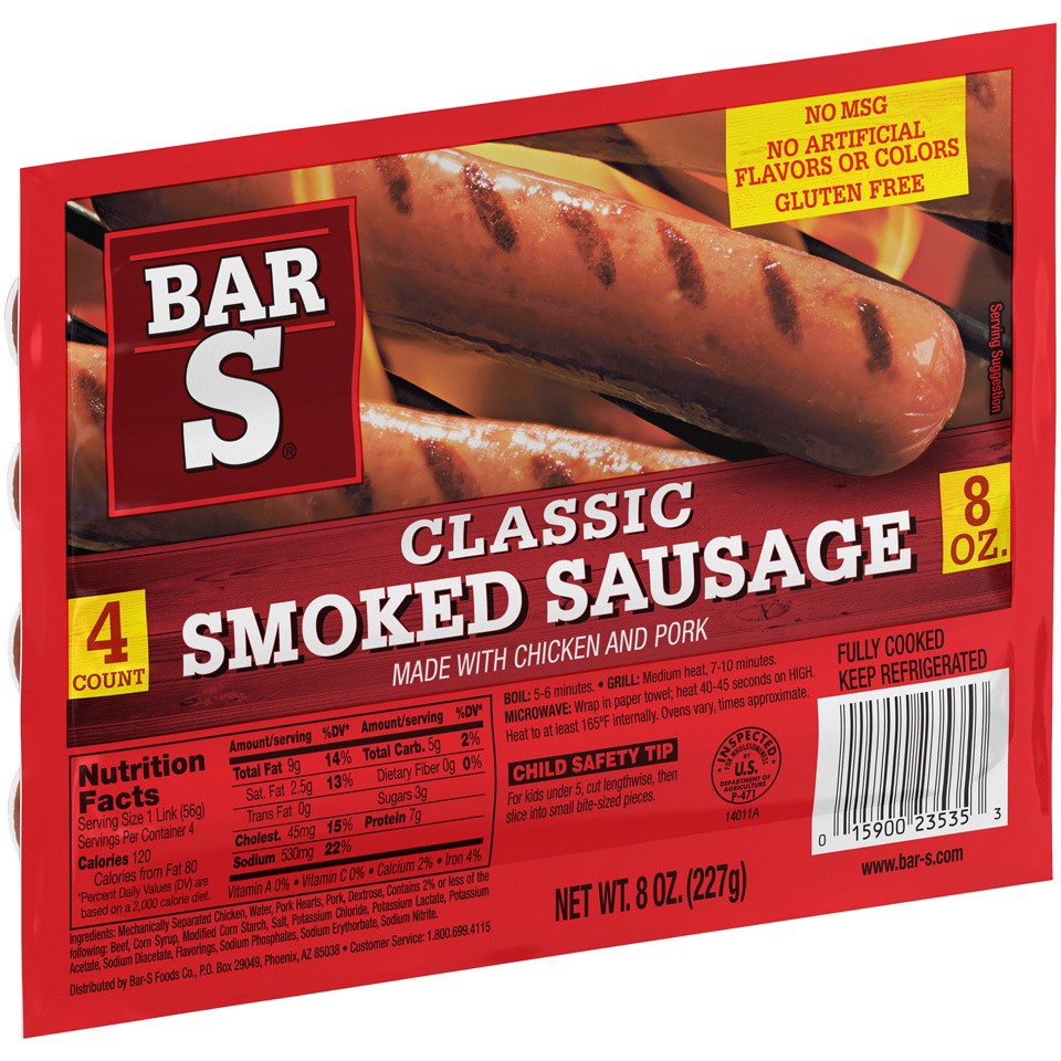 slide 3 of 7, Bar-S Skinless Smoked Sausage, 1 oz