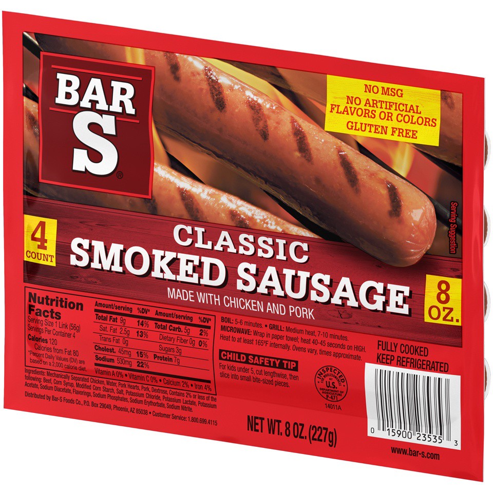 slide 4 of 7, Bar-S Skinless Smoked Sausage, 1 oz