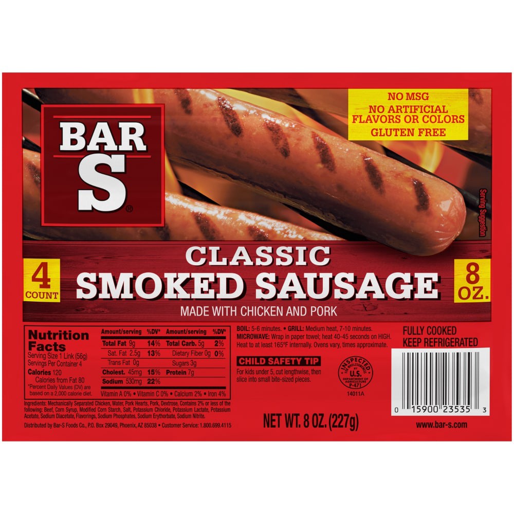 slide 1 of 7, Bar-S Skinless Smoked Sausage, 1 oz