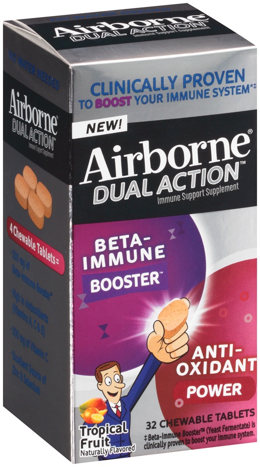 slide 1 of 1, Airborne Dual Action Beta Immune Booster & Anti-Oxidant Immune Support Supplement Tropical Chewable Tablets, 32 ct