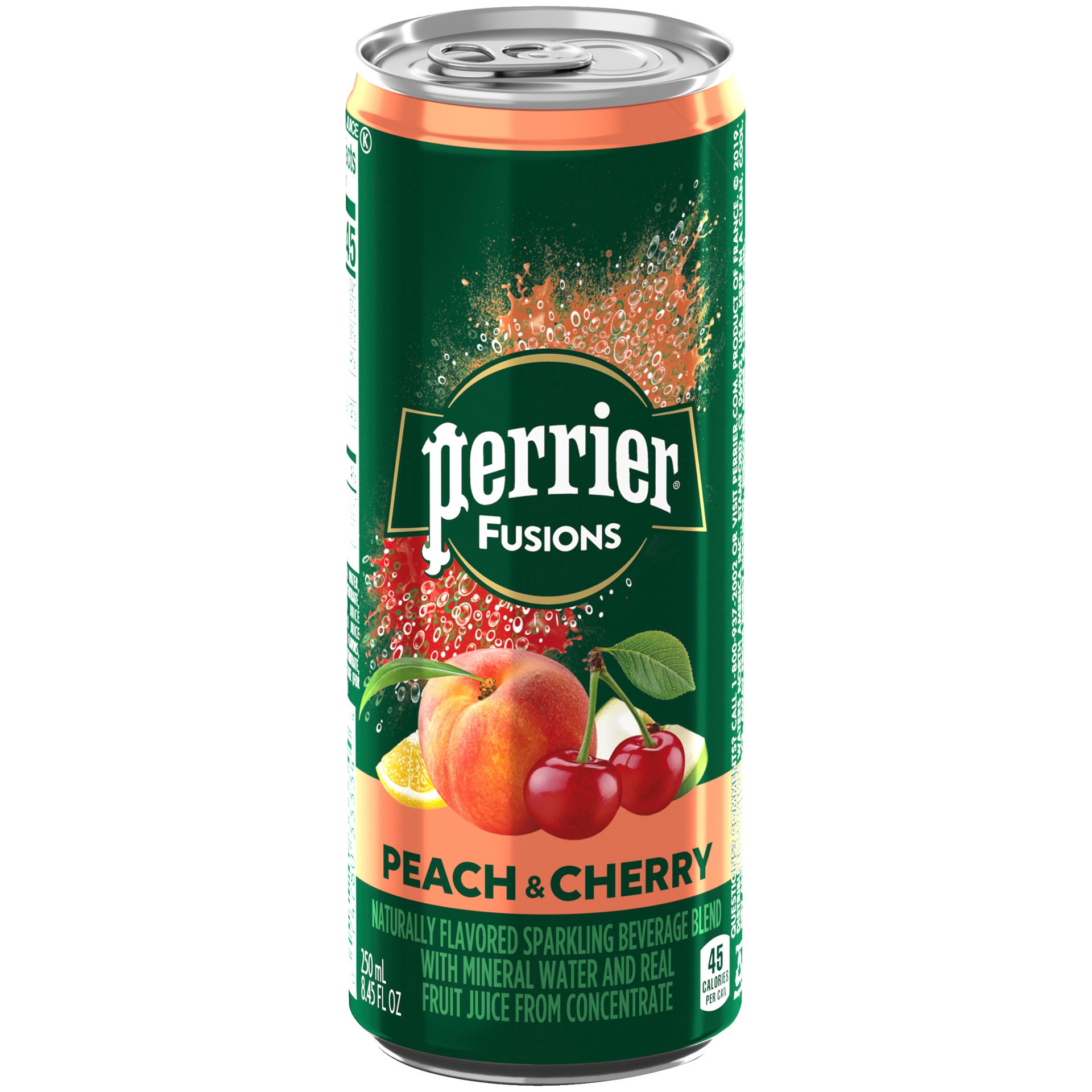 slide 1 of 2, Perrier & Juice, Peach and Cherry Flavor, 8.45 Fl Oz. Cans (Pack of 4), 33.8 oz