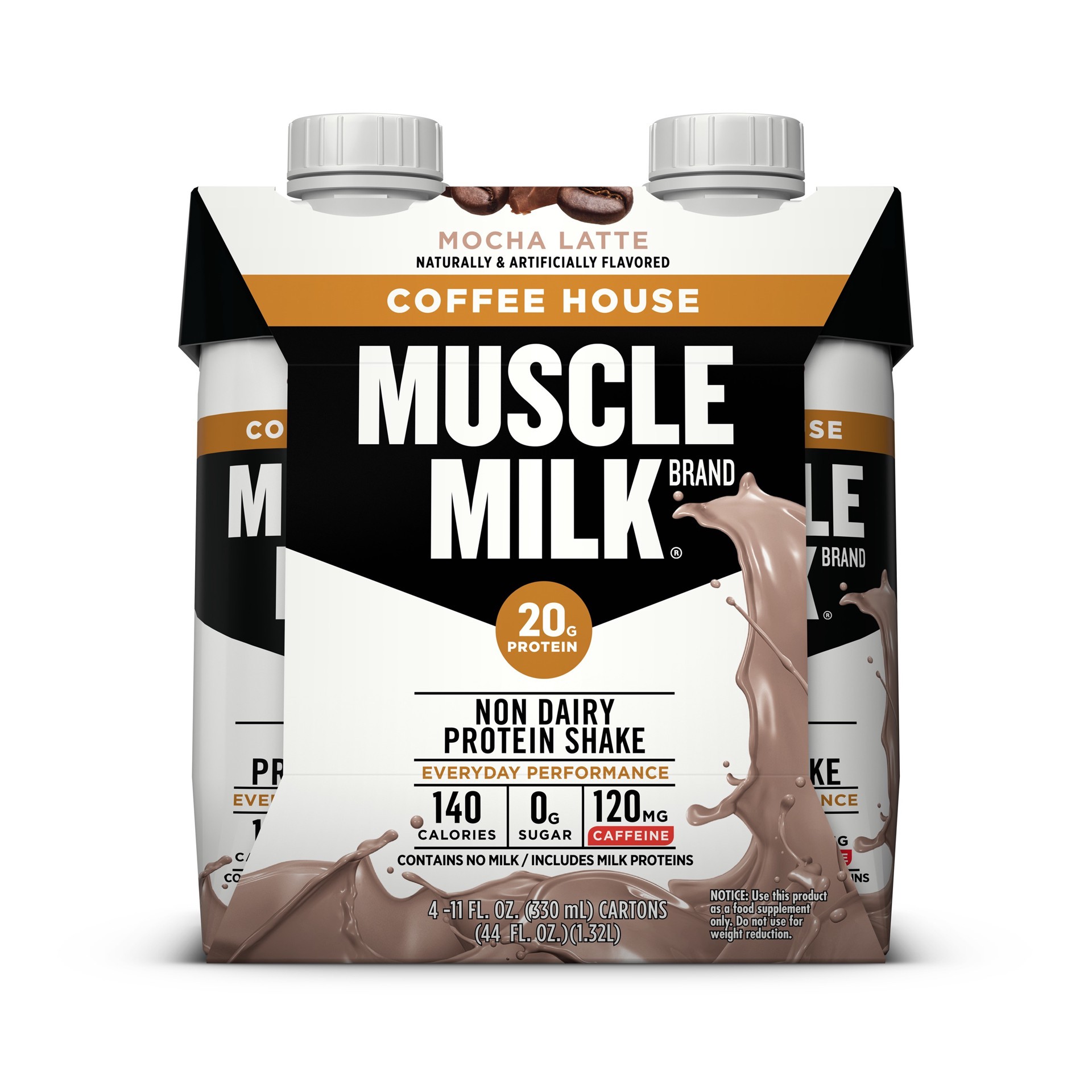 slide 1 of 1, Muscle Milk Coffee House Non Dairy Protein Shake Mocha Latte Naturally & Artificially Flavored 11 Fl Oz 4 Count Carton, 44 oz