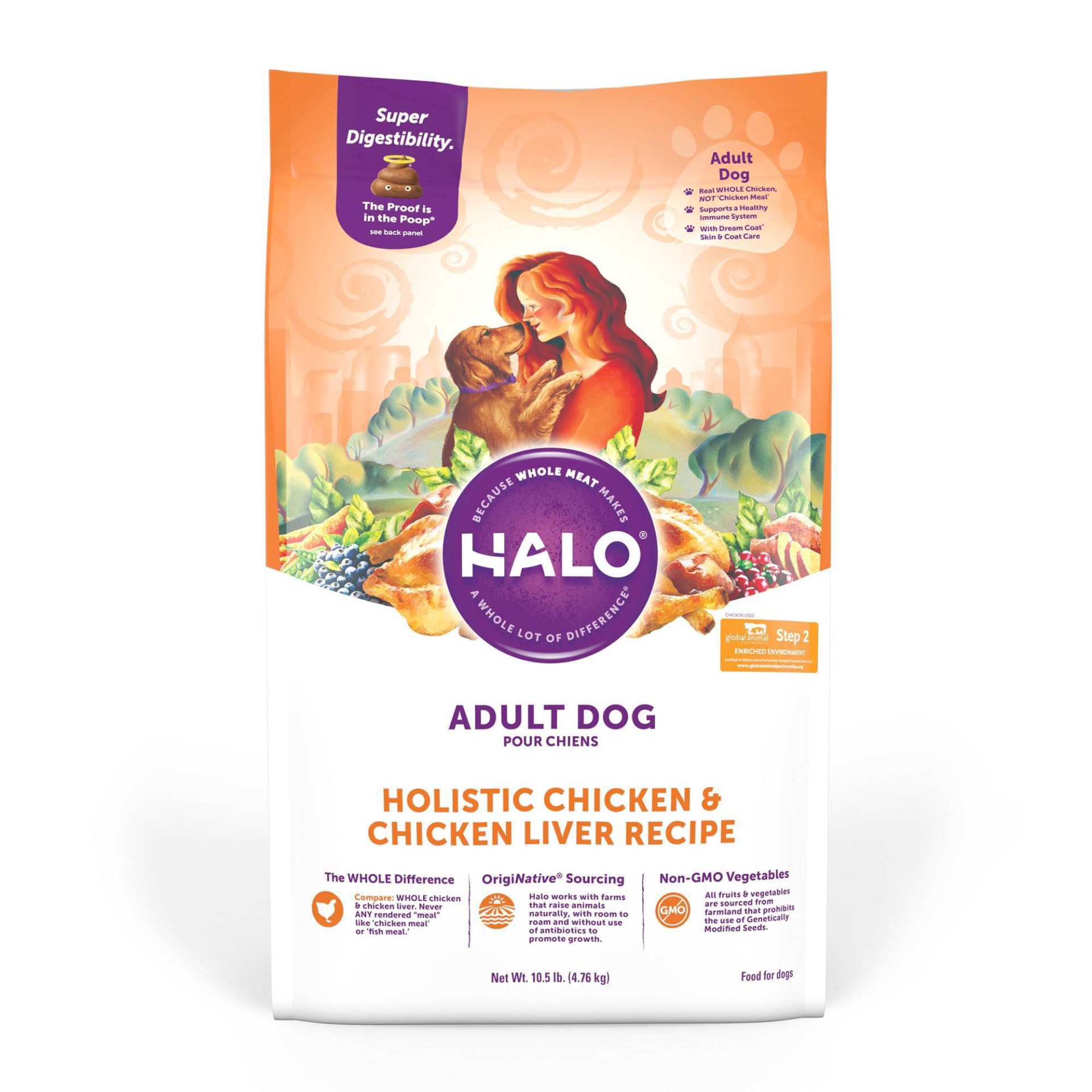 slide 1 of 3, Halo Adult Dog - Holistic Chicken & Chicken Liver Recipe, 10.5 lb