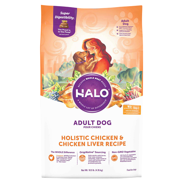 slide 1 of 1, Halo Adult Dog - Holistic Chicken & Chicken Liver Recipe, 10.5 lb