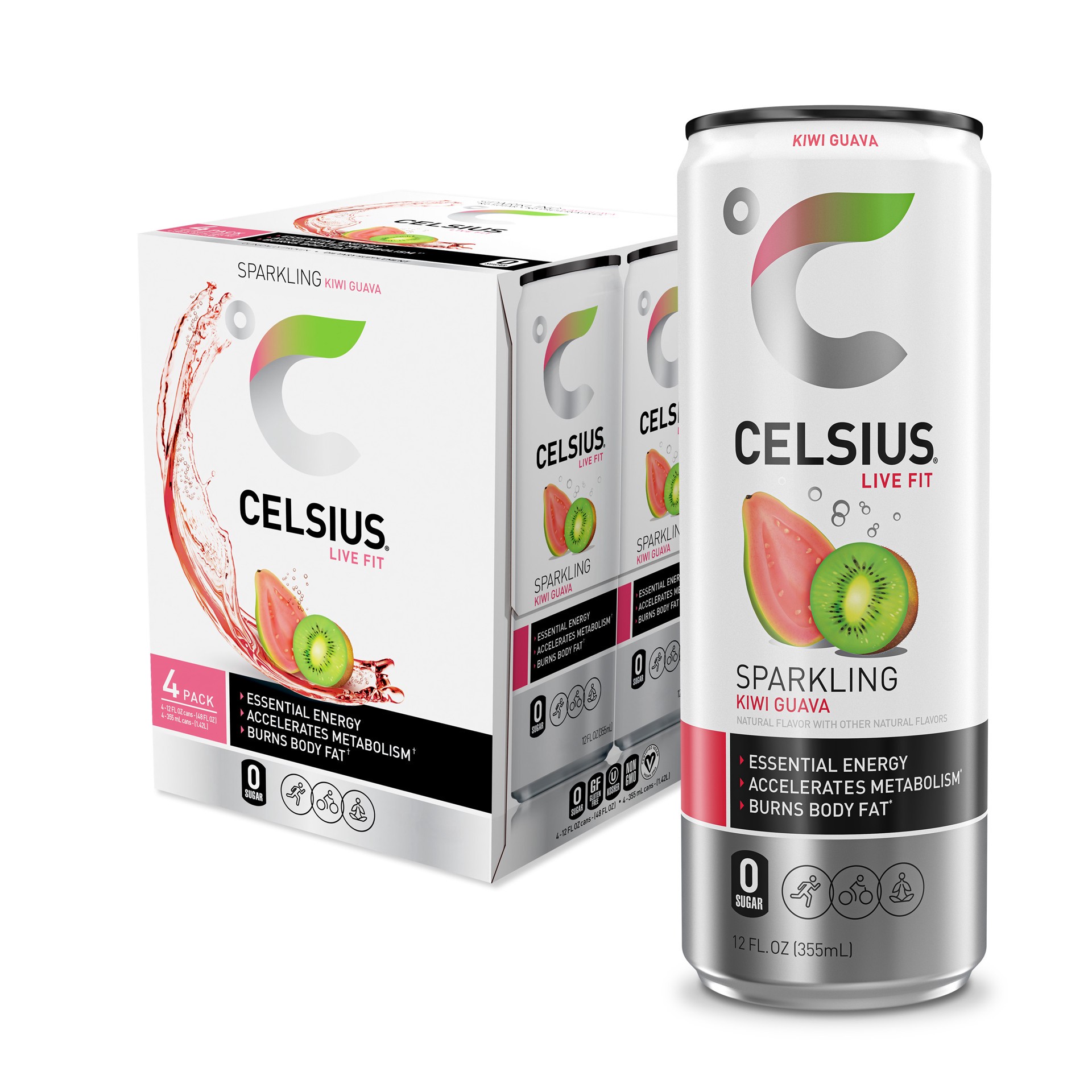 slide 1 of 4, CELSIUS Sparkling Kiwi Guava, Functional Essential Energy Drink 12 Fl Oz (Pack of 4), 4 ct; 12 fl oz