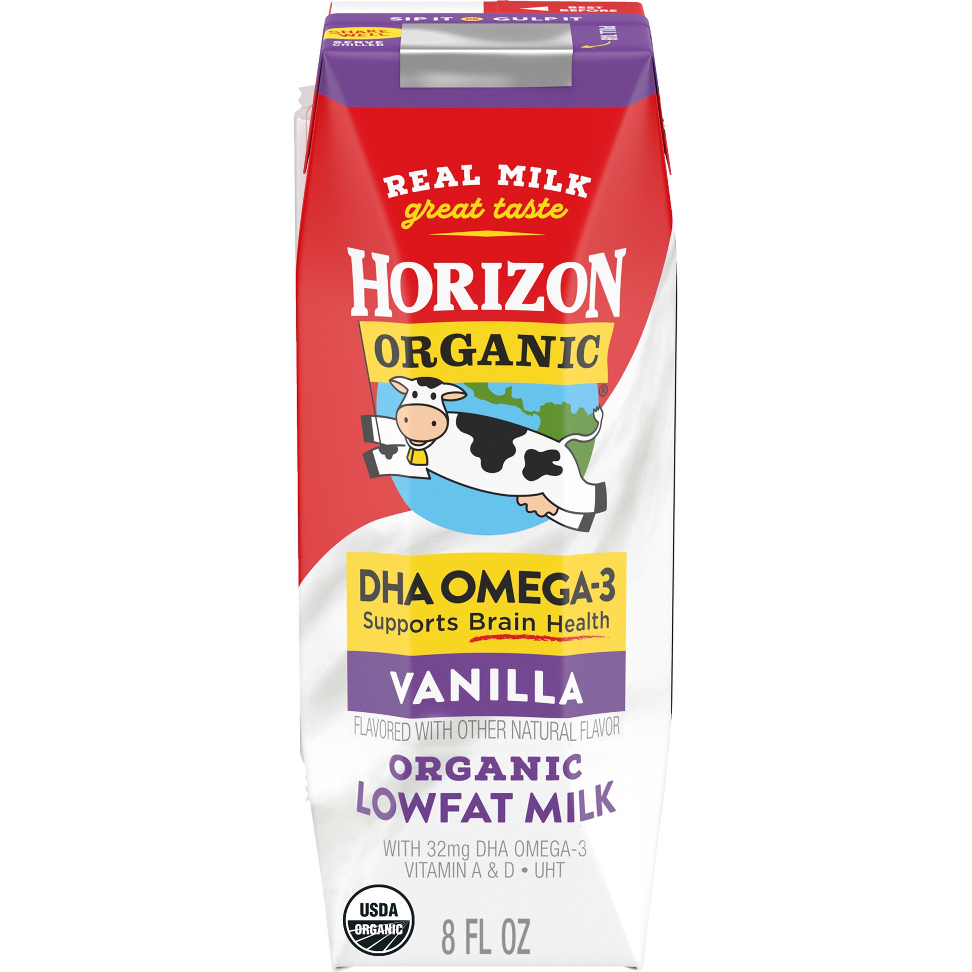 slide 1 of 9, Horizon Organic Shelf-Stable 1% Low Fat milk Boxes with DHA Omega-3, Vanilla, 8 oz., 8 fl oz