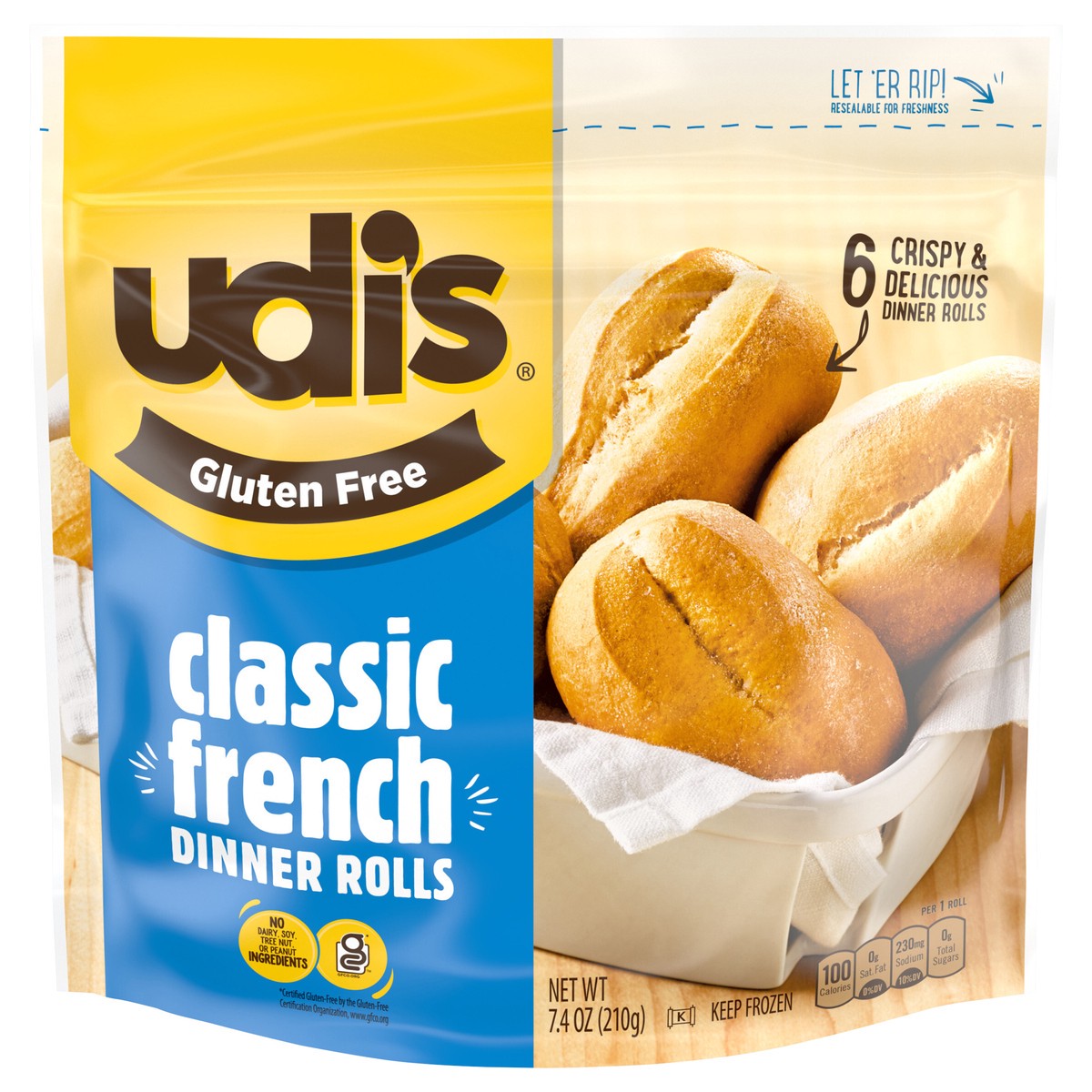 slide 1 of 5, Udi's Gluten Free Classic French Dinner Roll, Frozen, 7.41 oz., 7.4 oz