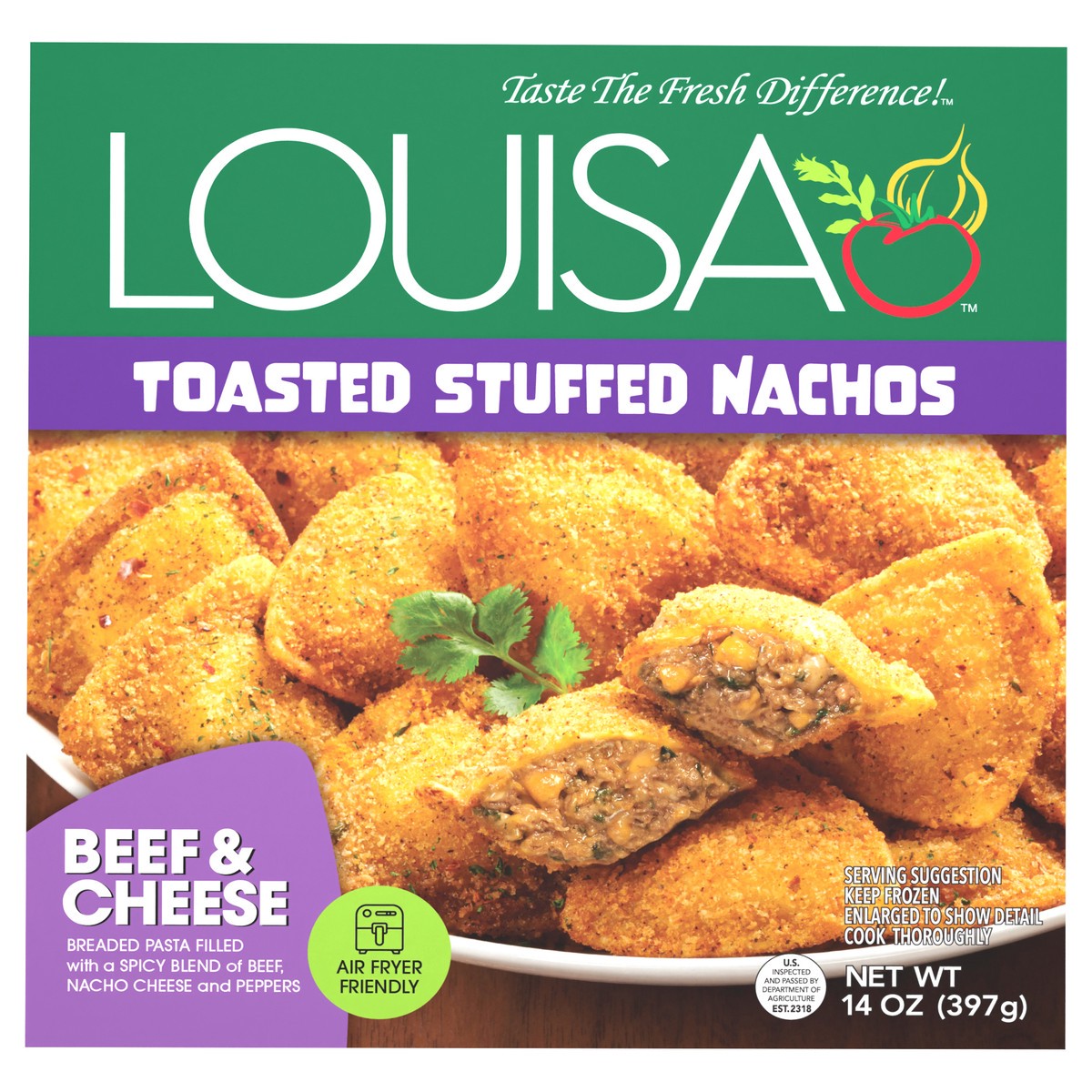 slide 1 of 11, Louisa Toasted Stuffed Nacho-Beef & Cheese, 14 oz