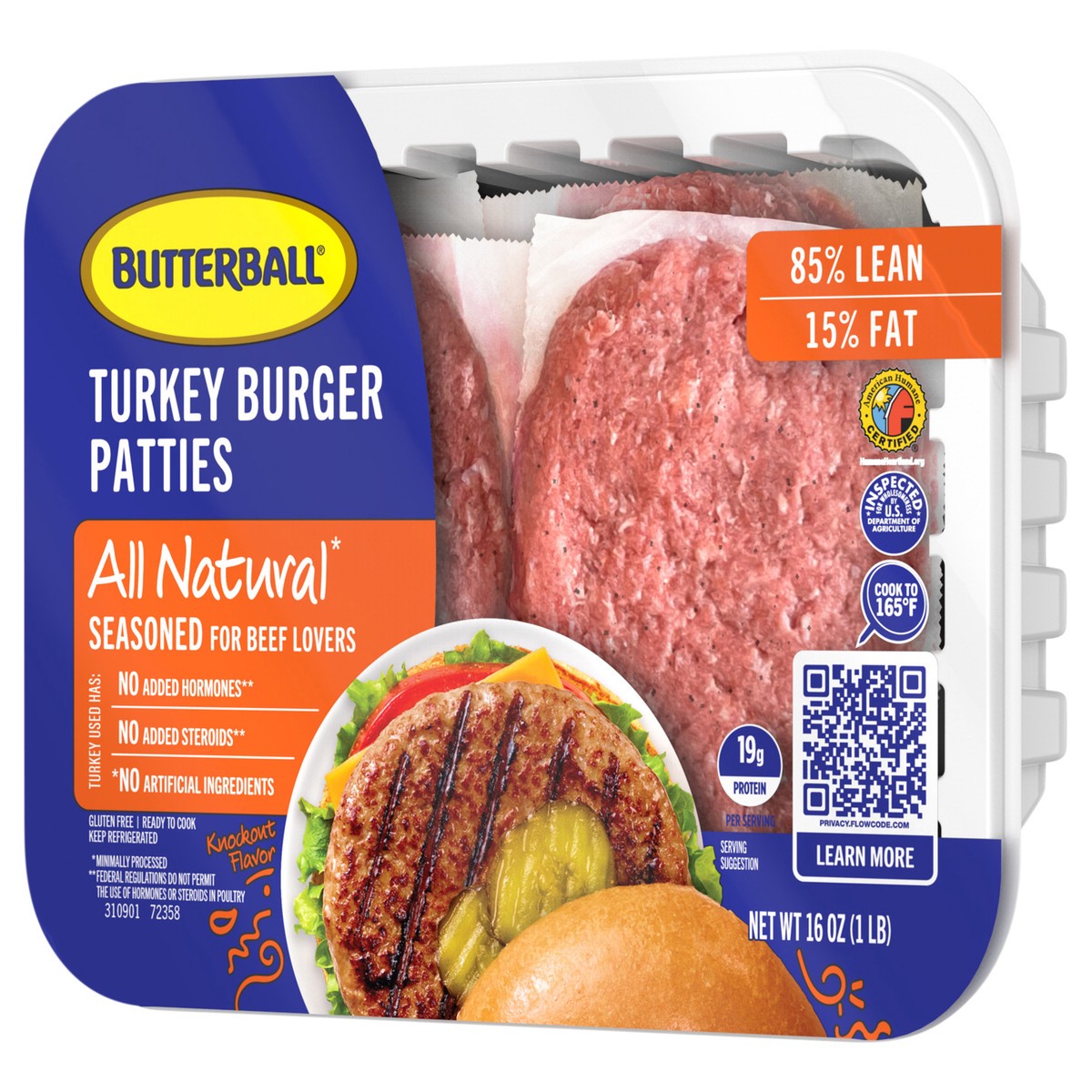slide 2 of 4, Butterball All Natural Seasoned for Beef Lovers 85%/15% Lean Turkey Burger Patties 16 oz. Tray, 16 oz