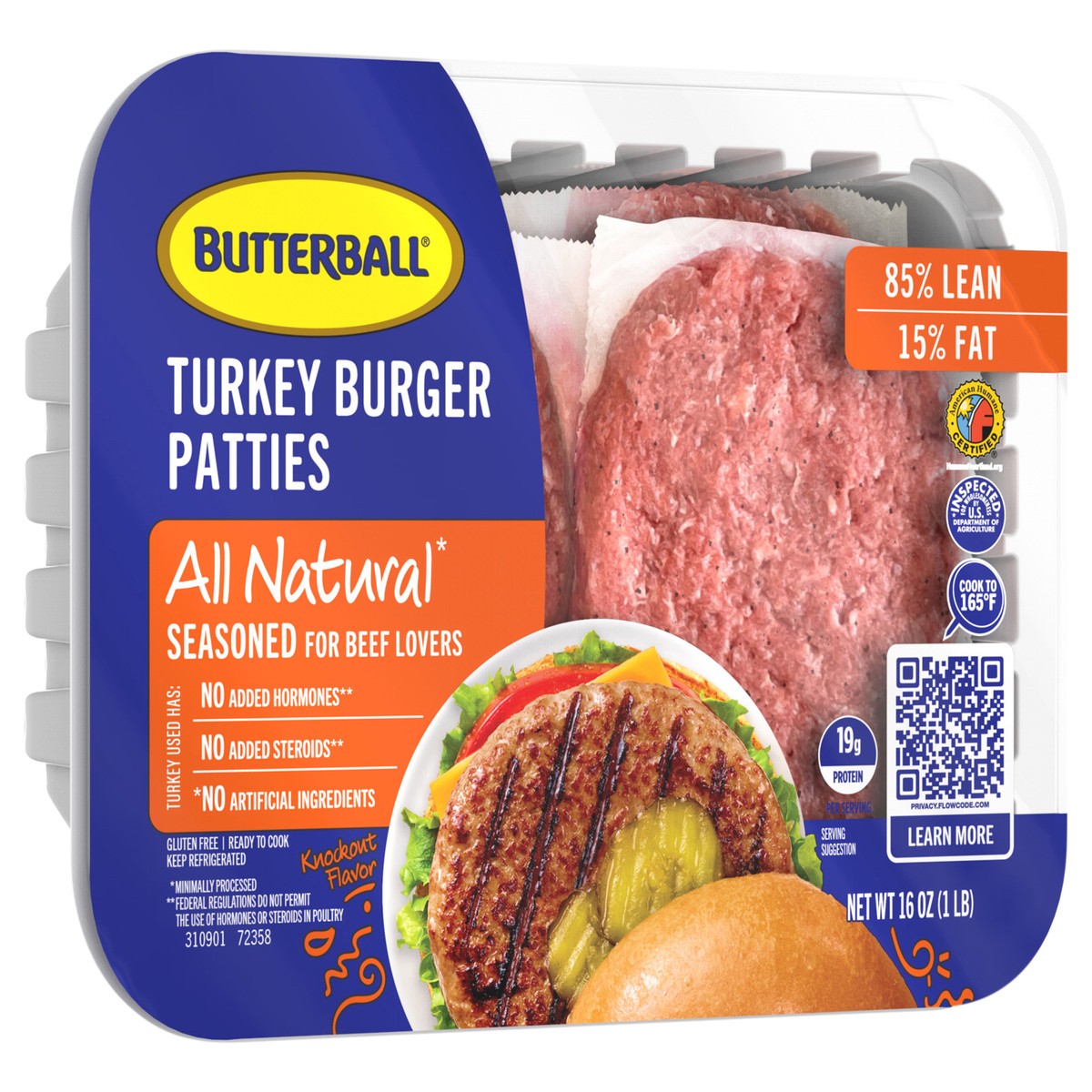 slide 3 of 4, Butterball All Natural Seasoned for Beef Lovers 85%/15% Lean Turkey Burger Patties 16 oz. Tray, 16 oz