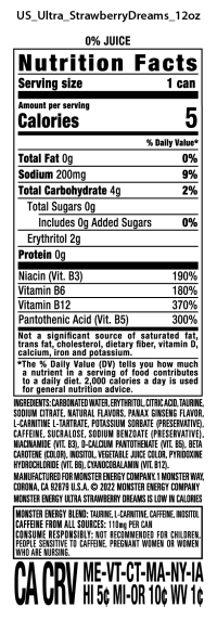 slide 4 of 4, Monster Energy Zero Sugar Ultra Strawberry Dreams Energy Drink 6 - 12 fl oz Cans, 6 ct; 12 fl oz