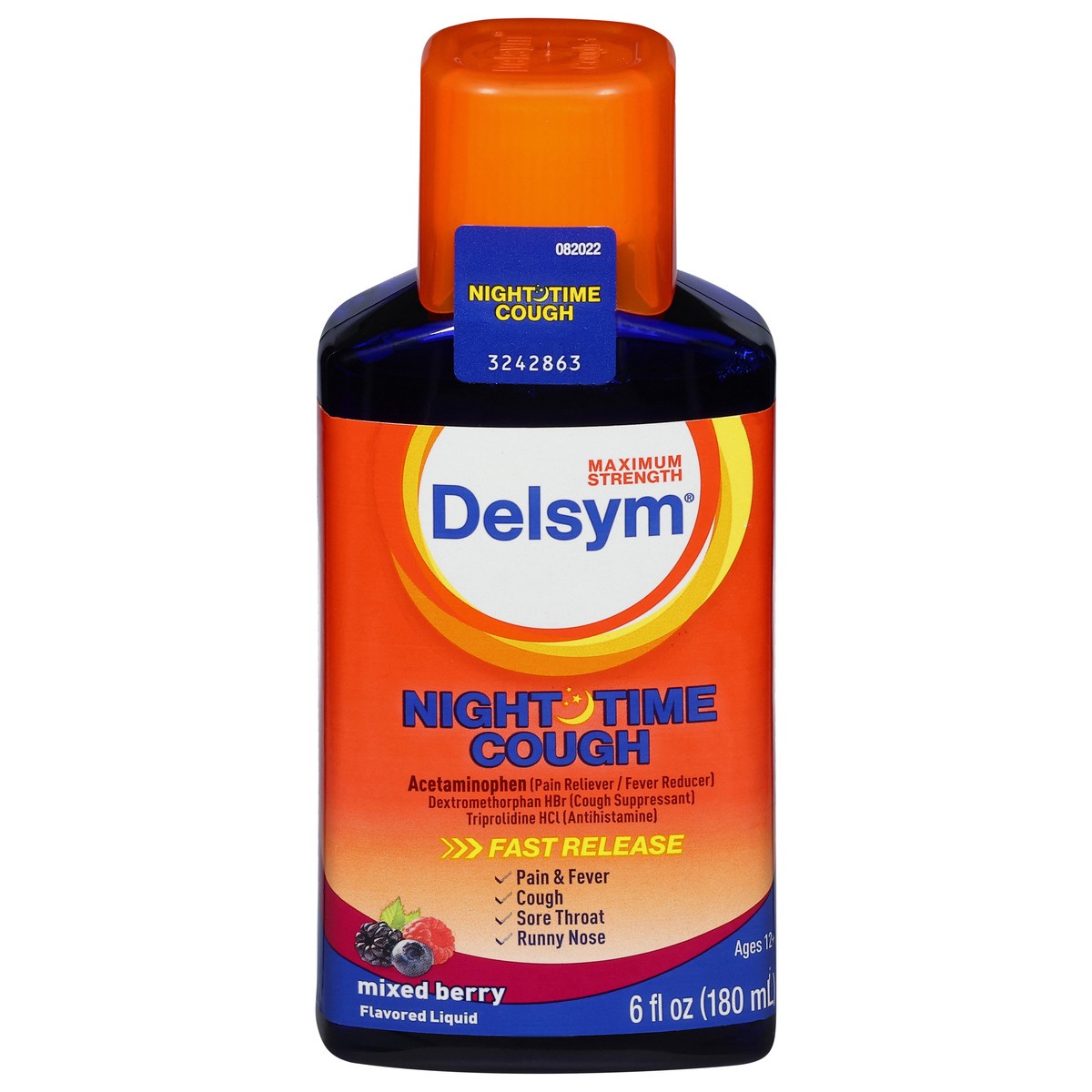 slide 1 of 10, Delsym Maximum Strength Liquid Mixed Berry Nighttime Cough 6 fl oz, 6 oz