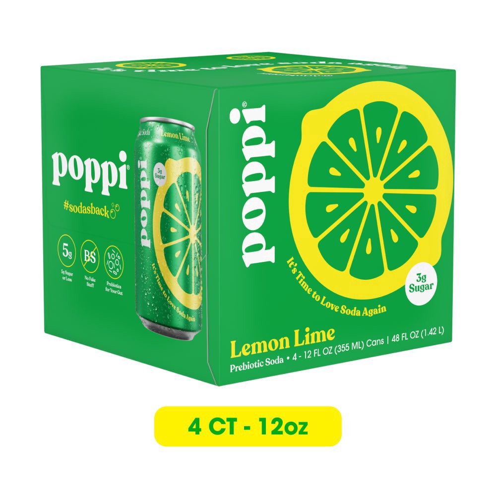 slide 1 of 5, Poppi Lemon Lime Prebiotic Soda 4Pk, 12Oz, 4 ct; 12 fl oz