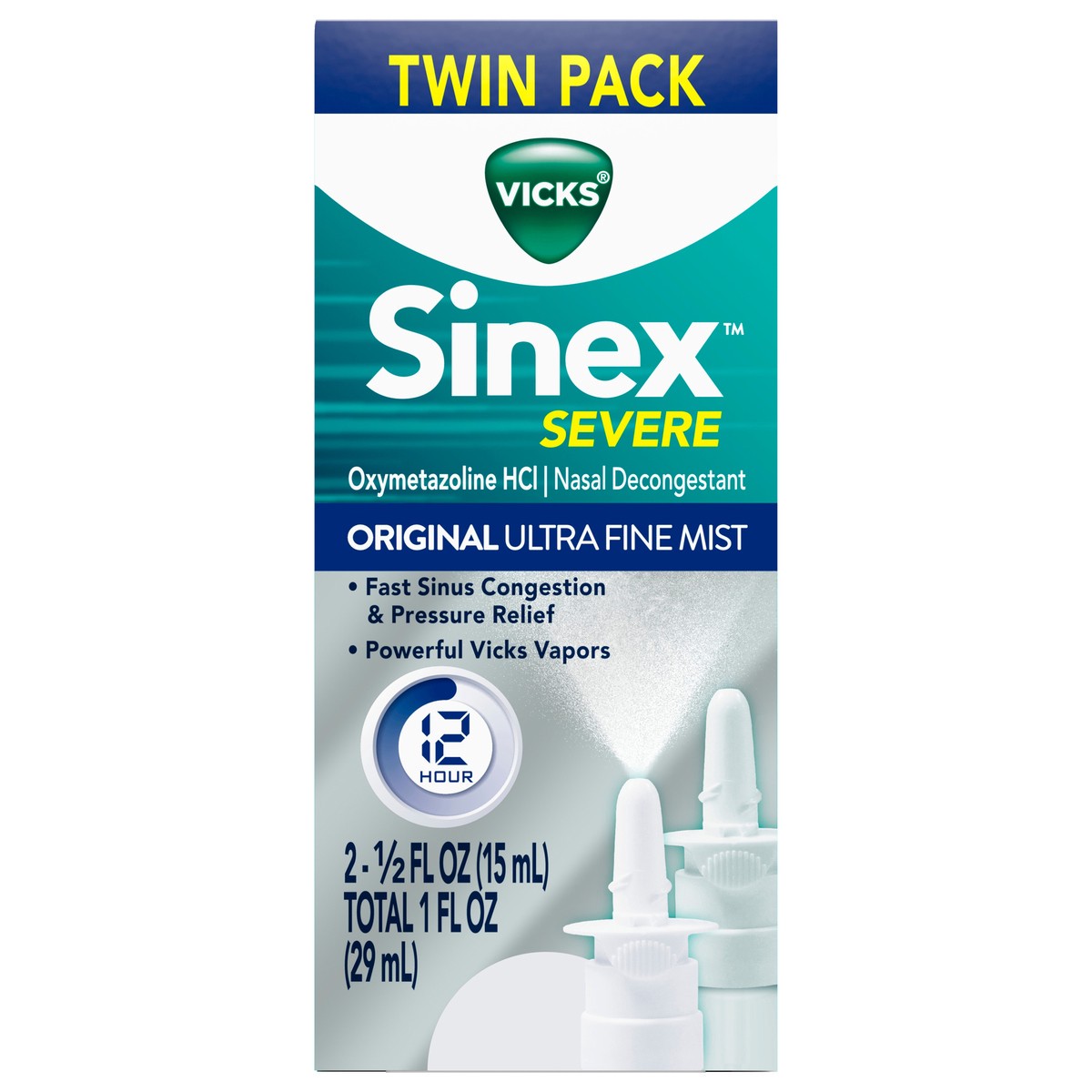 slide 1 of 2, Vicks Sinex SEVERE, Nasal Spray, Original Ultra Fine Mist Sinus Decongestant for Fast Relief of Cold & Allergy Congestion, Sinus Pressure Relief, Twin Pack, 2 0.5 FL OZ (15 ml), 2 ct