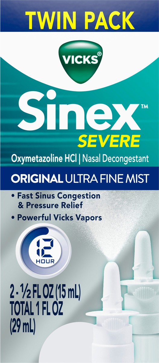 slide 1 of 2, Vicks Sinex SEVERE, Nasal Spray, Original Ultra Fine Mist Sinus Decongestant for Fast Relief of Cold & Allergy Congestion, Sinus Pressure Relief, Twin Pack, 2 0.5 FL OZ (15 ml), 2 ct