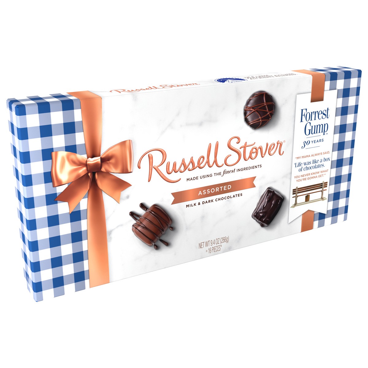 slide 10 of 12, RUSSELL STOVER Forrest Gump 30th Anniversary Assorted Milk & Dark Chocolate Gift Box 9.4 oz. (16 pieces), 16 ct