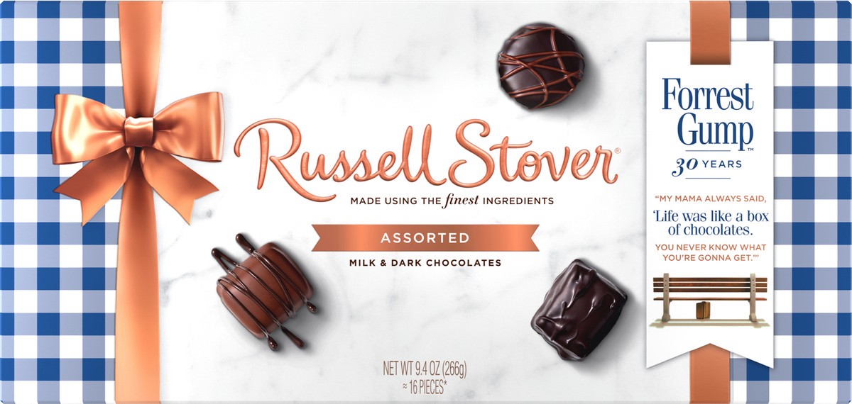 slide 9 of 12, RUSSELL STOVER Forrest Gump 30th Anniversary Assorted Milk & Dark Chocolate Gift Box 9.4 oz. (16 pieces), 16 ct