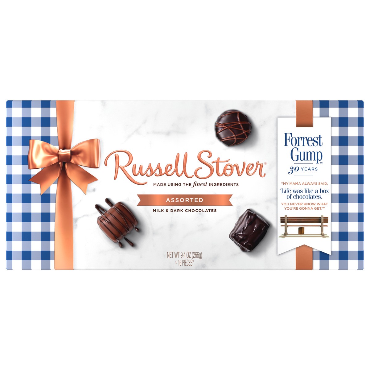 slide 1 of 12, RUSSELL STOVER Forrest Gump 30th Anniversary Assorted Milk & Dark Chocolate Gift Box 9.4 oz. (16 pieces), 16 ct