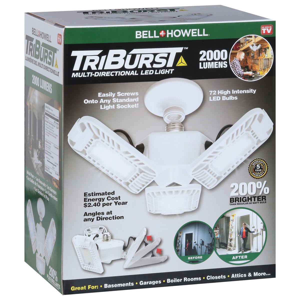 slide 5 of 9, Bell + Howell TriBurst 2000 Lumens Multi-Directional LED Light 1 ea, 1 ct