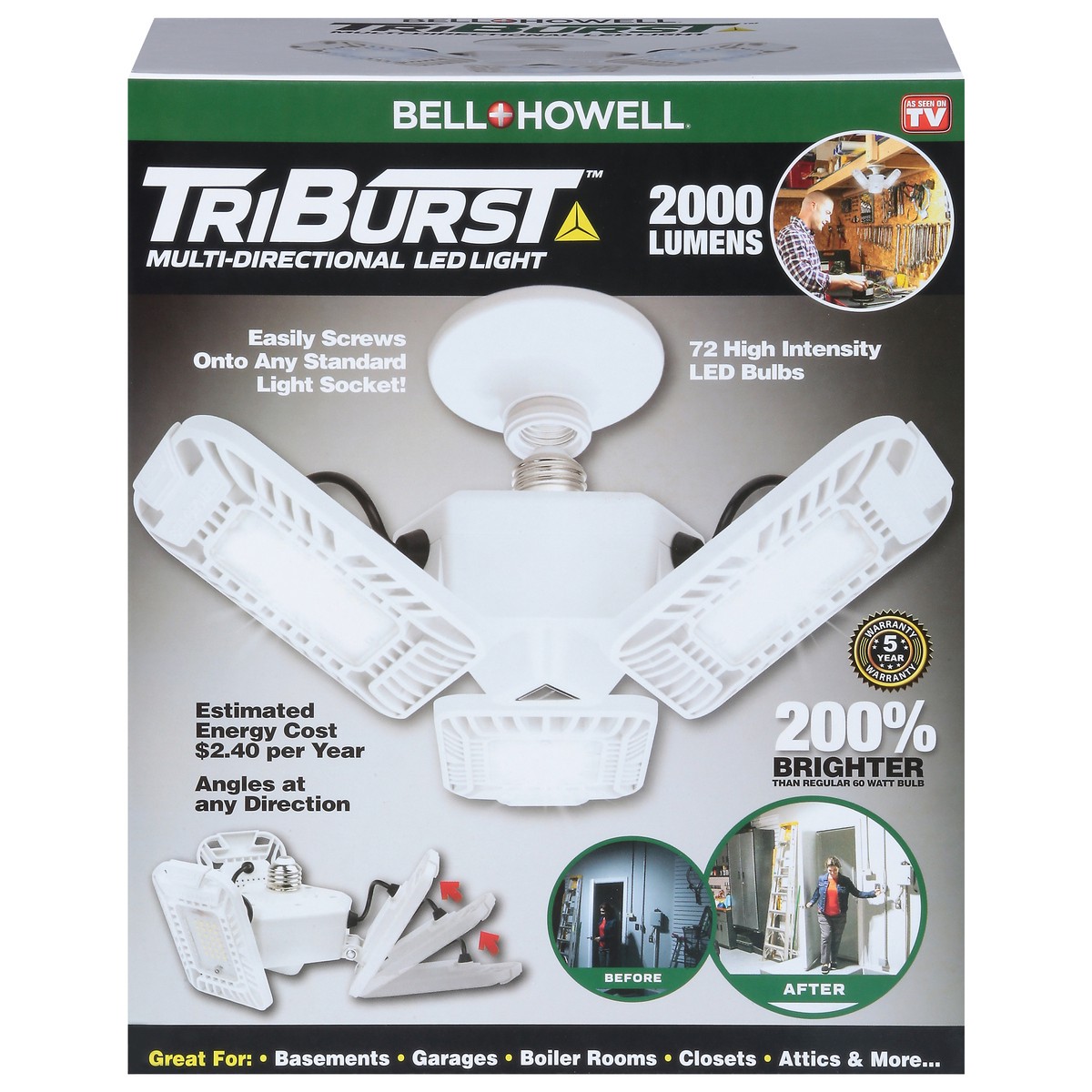 slide 1 of 9, Bell + Howell TriBurst 2000 Lumens Multi-Directional LED Light 1 ea, 1 ct