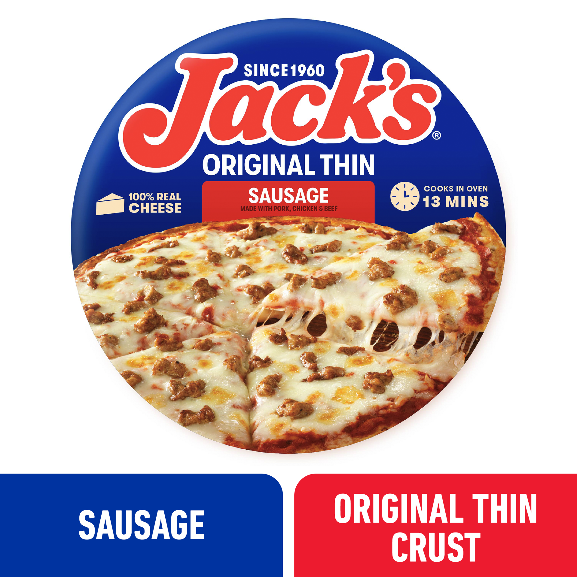 slide 1 of 7, Jack's Jack''s Frozen Pizza, Original Thin Crust Sausage Pizza, 12in, 14.9oz (Frozen), 14.9 oz