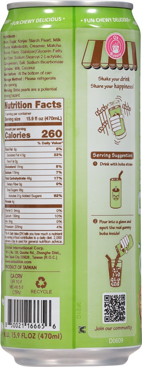 slide 13 of 15, O's Bubble Matcha Gummy Boba Latte 15.9 fl oz, 15.9 fl oz