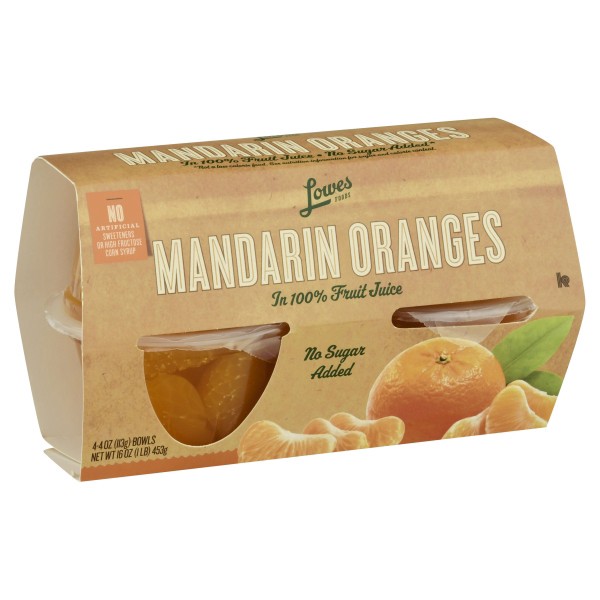 slide 1 of 1, Lowes Foods Mandarin Oranges Fruit Cups in 100% Fruit Juice 4 Pack, 16 oz