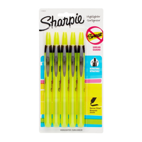 slide 1 of 1, Sharpie Accent Retractable Highlighters, Fluorescent Yellow, Pack Of 5, 5 ct