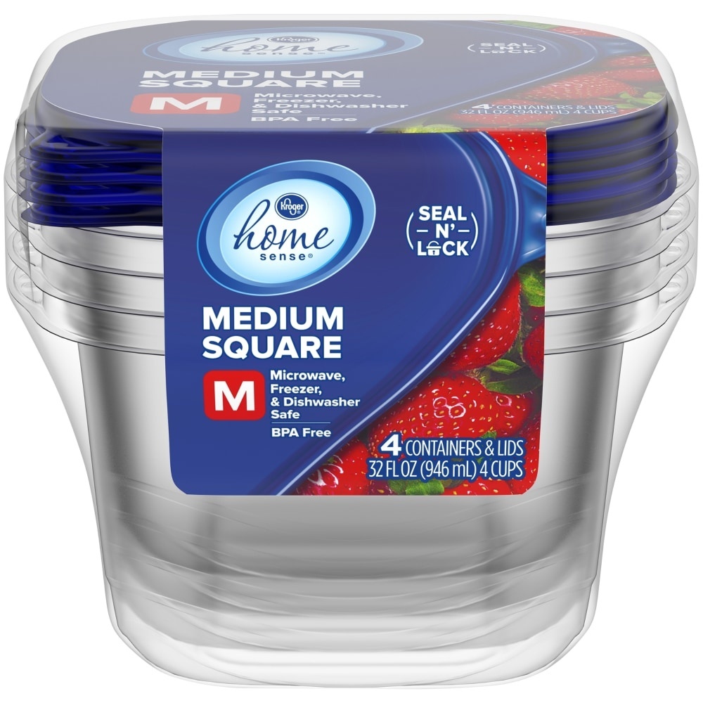 slide 1 of 1, Home Sense 4 Cup Medium Square Containers with Lids, 4 ct; 32 fl oz