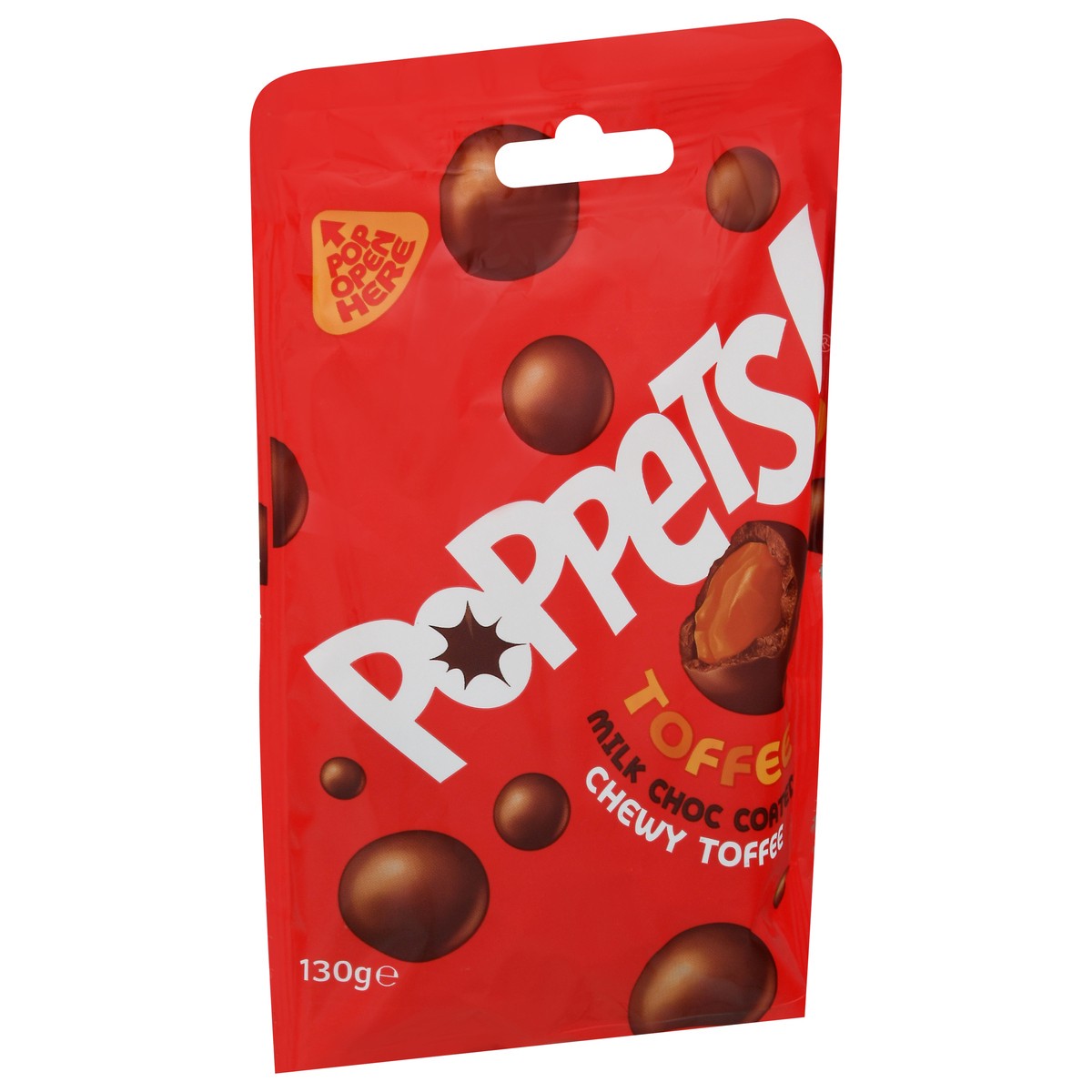 slide 3 of 13, Poppets! Milk Choc Coated Chewy Toffee 130 g, 130 g