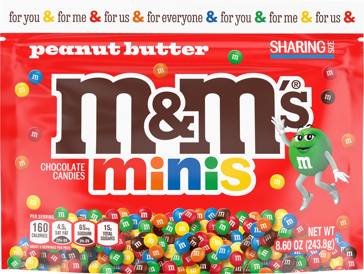 slide 5 of 12, M&M's MINIS Peanut Butter Milk Chocolate Snacks, Candy Bulk, Sharing Size 8.6 Oz Resealable Bag, 8.60 oz