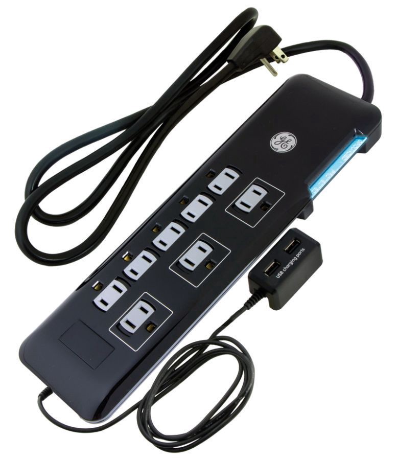 slide 5 of 5, GE Ultra Pro 8 Outlet Surge Protector, 2160 Joules Cord, With USB Charing Dock (2.1A) - Black, 4 ft