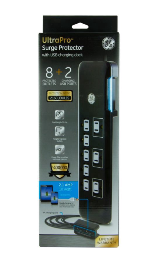 slide 3 of 5, GE Ultra Pro 8 Outlet Surge Protector, 2160 Joules Cord, With USB Charing Dock (2.1A) - Black, 4 ft