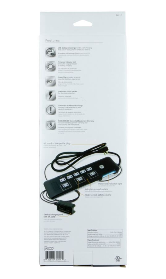 slide 2 of 5, GE Ultra Pro 8 Outlet Surge Protector, 2160 Joules Cord, With USB Charing Dock (2.1A) - Black, 4 ft