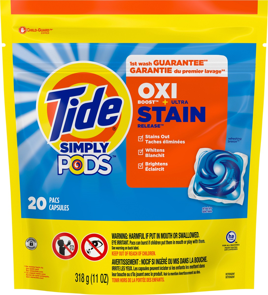 slide 5 of 8, Tide Simply PODS Oxi + Ultra Stain Release Liquid Laundry Detergent Pacs, Refreshing Breeze, 20 count, 20 ct