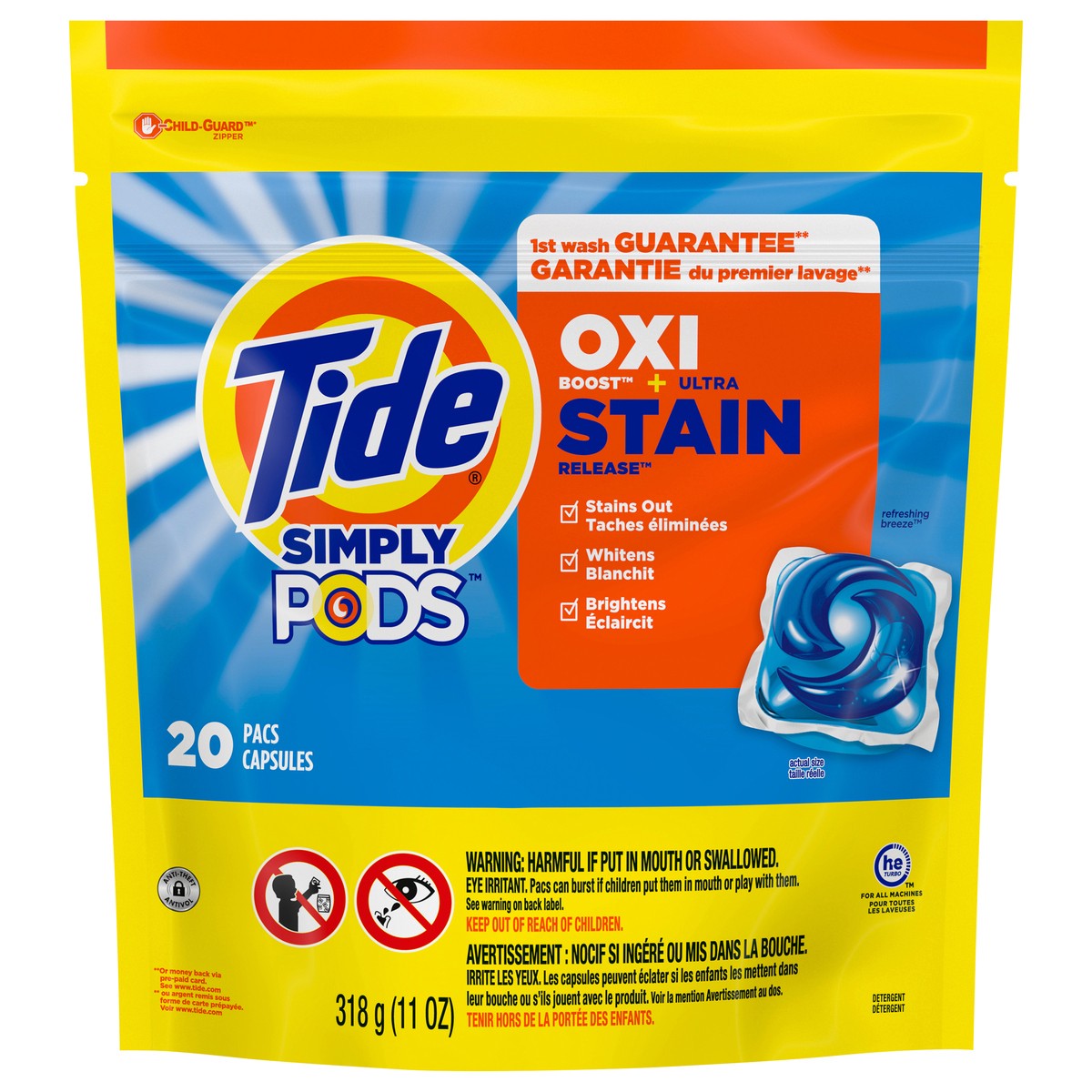 slide 4 of 8, Tide Simply PODS Oxi + Ultra Stain Release Liquid Laundry Detergent Pacs, Refreshing Breeze, 20 count, 20 ct